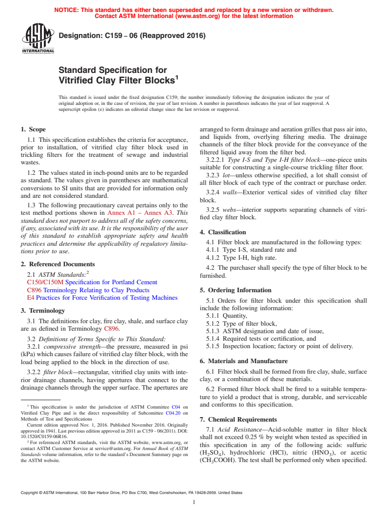 ASTM C159-06(2016) - Standard Specification for  Vitrified Clay Filter Blocks