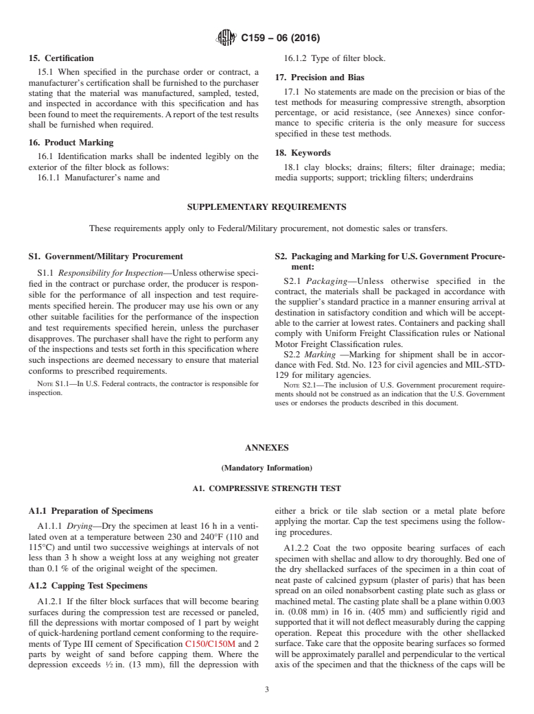 ASTM C159-06(2016) - Standard Specification for  Vitrified Clay Filter Blocks