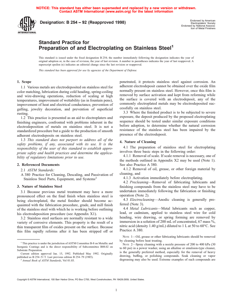 ASTM B254-92(1998) - Standard Practice for Preparation of and Electroplating on Stainless Steel