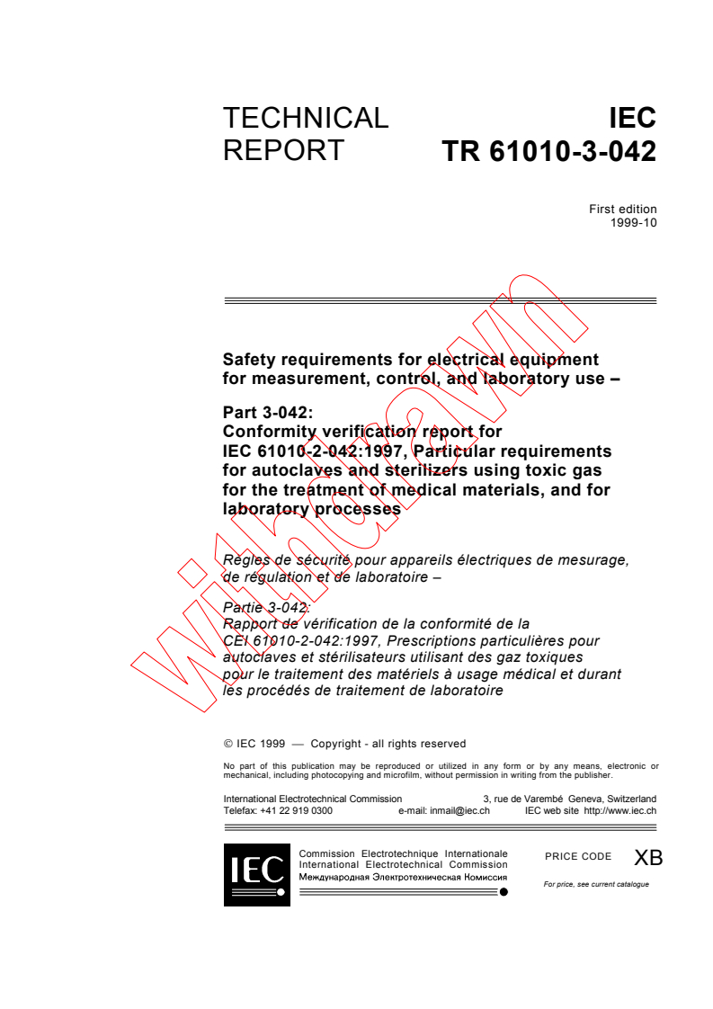 iec61010-3-042{ed1.0}en - IEC TR 61010-3-042:1999 - Safety requirements for electrical equipment for measurement, control, and laboratory use - Part 3-042: Conformity verification report for IEC 61010-2-042:1997, Particular requirements for autoclaves and sterilizers using toxic gas for the treatment of medical materials, and for laboratory processes
Released:10/29/1999
Isbn:2831849861