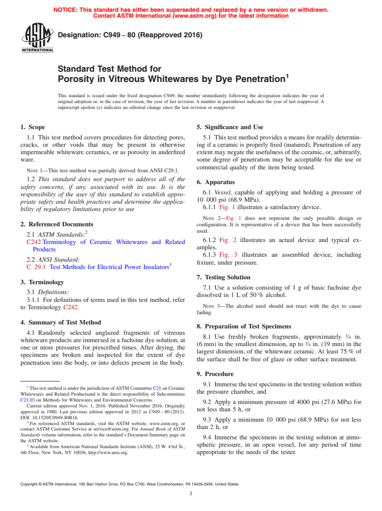 ASTM C949-80(2016) - Standard Test Method for  Porosity in Vitreous Whitewares by Dye Penetration