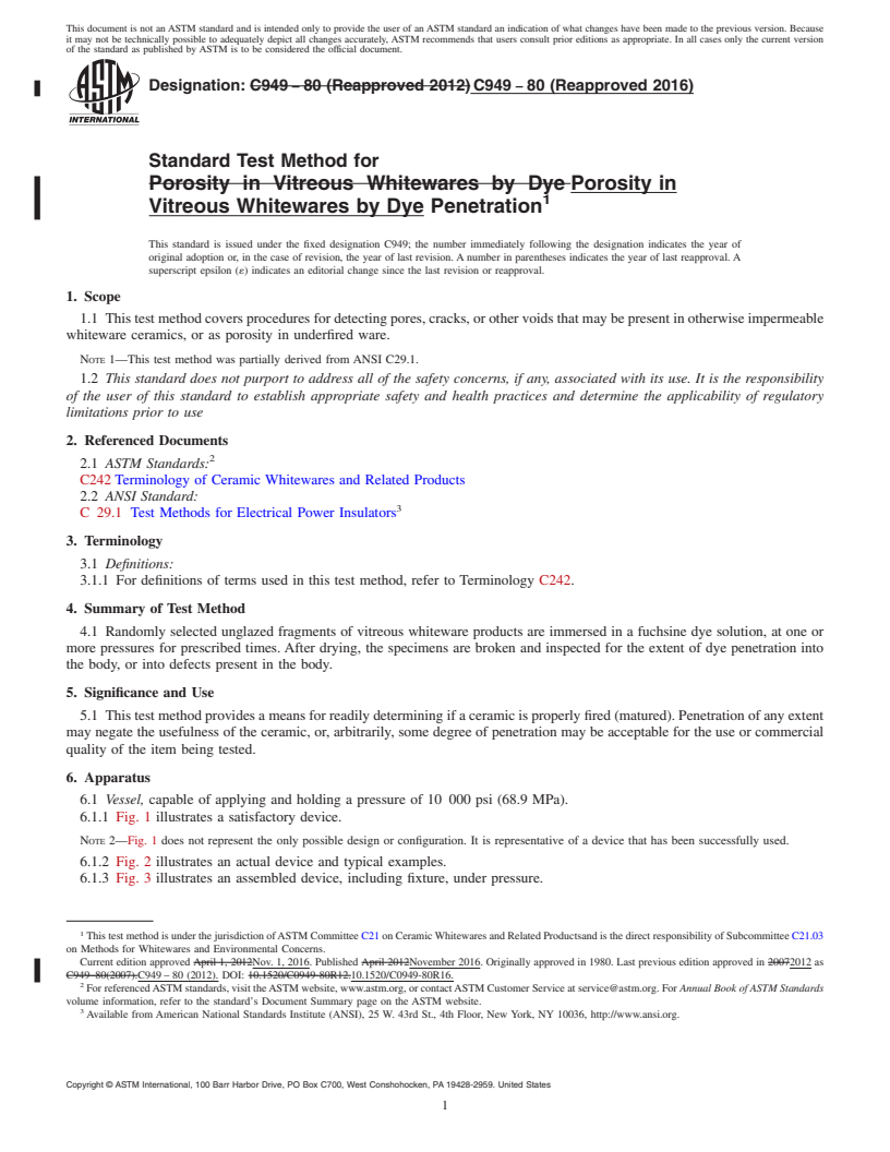 REDLINE ASTM C949-80(2016) - Standard Test Method for  Porosity in Vitreous Whitewares by Dye Penetration