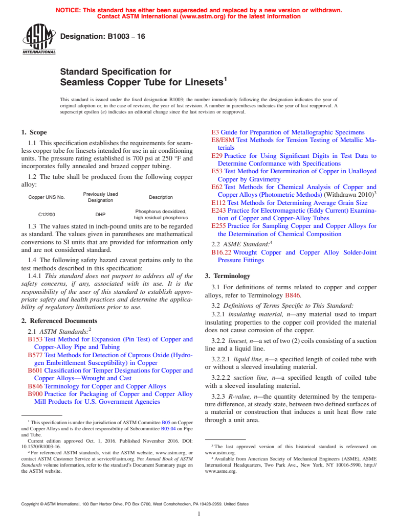 ASTM B1003-16 - Standard Specification for Seamless Copper Tube for Linesets