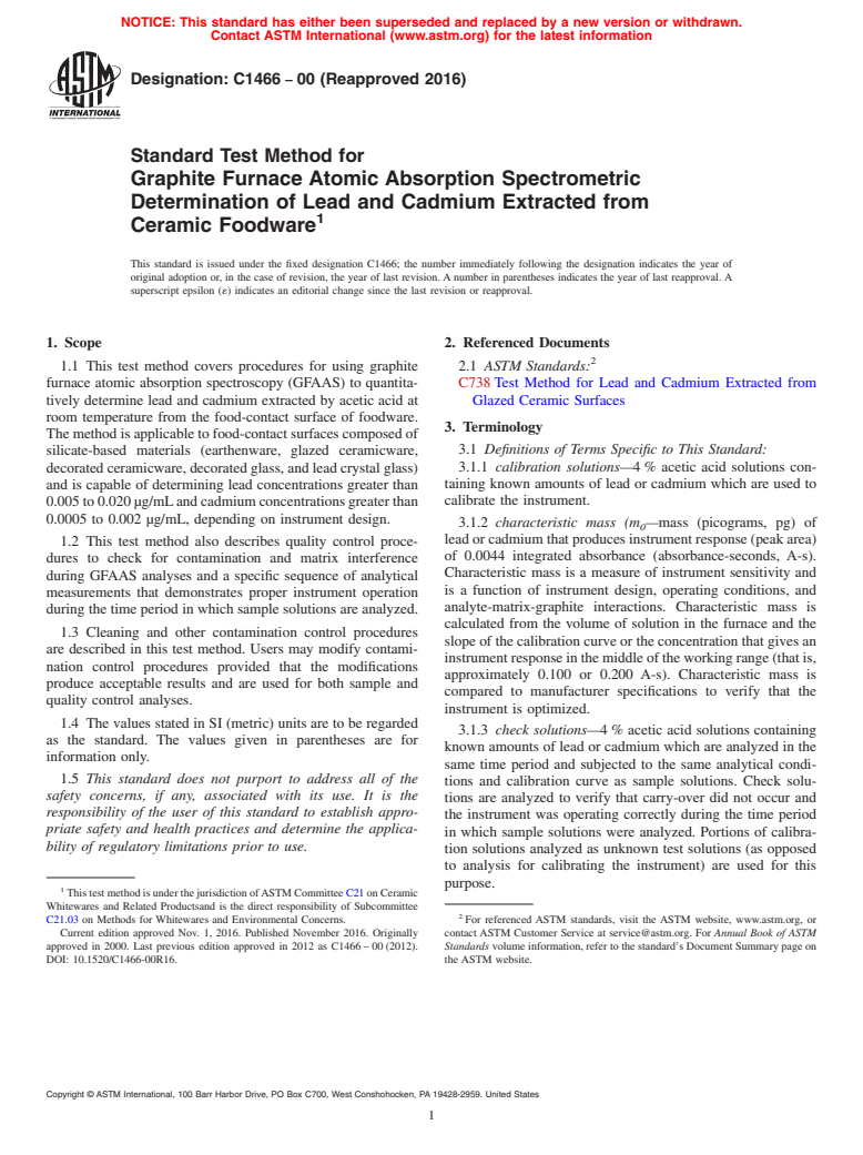 ASTM C1466-00(2016) - Standard Test Method for  Graphite Furnace Atomic Absorption Spectrometric Determination   of Lead and Cadmium Extracted from Ceramic Foodware