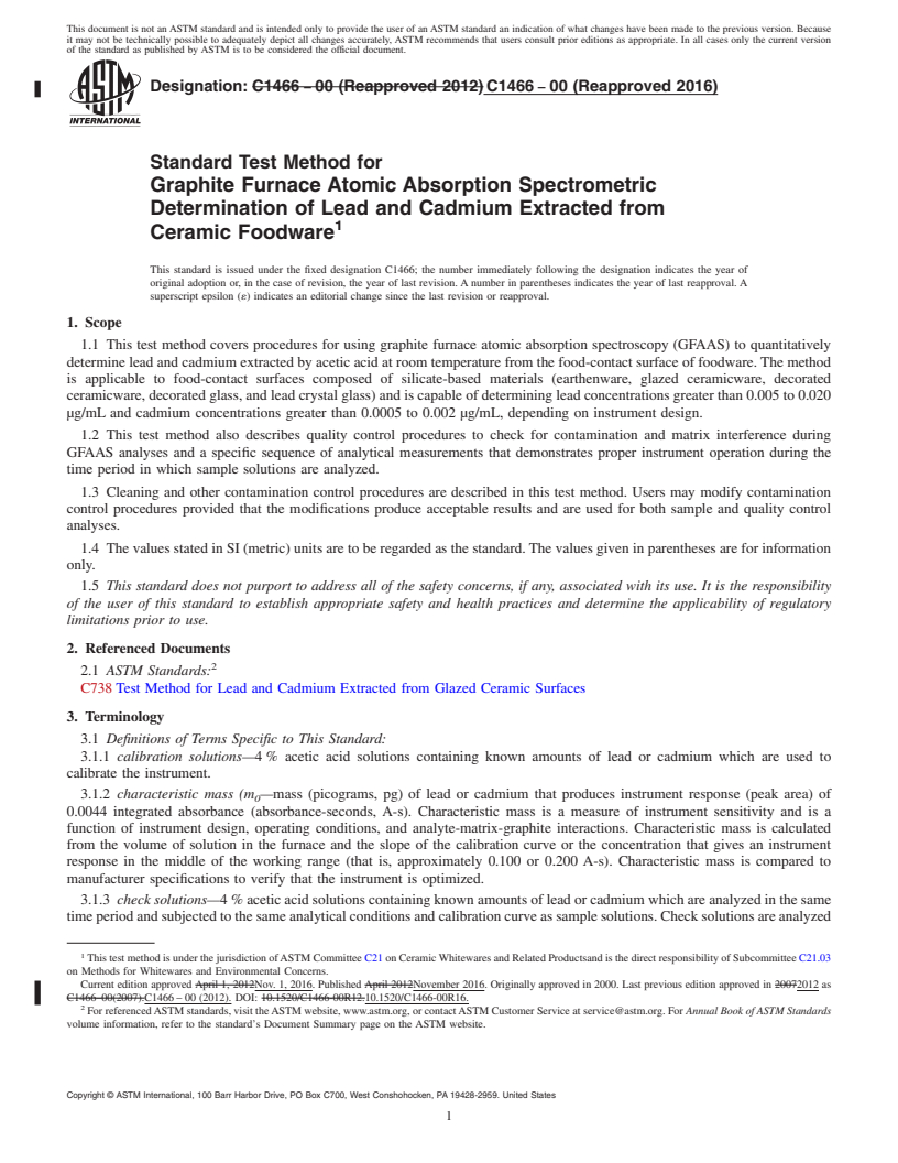 REDLINE ASTM C1466-00(2016) - Standard Test Method for  Graphite Furnace Atomic Absorption Spectrometric Determination   of Lead and Cadmium Extracted from Ceramic Foodware