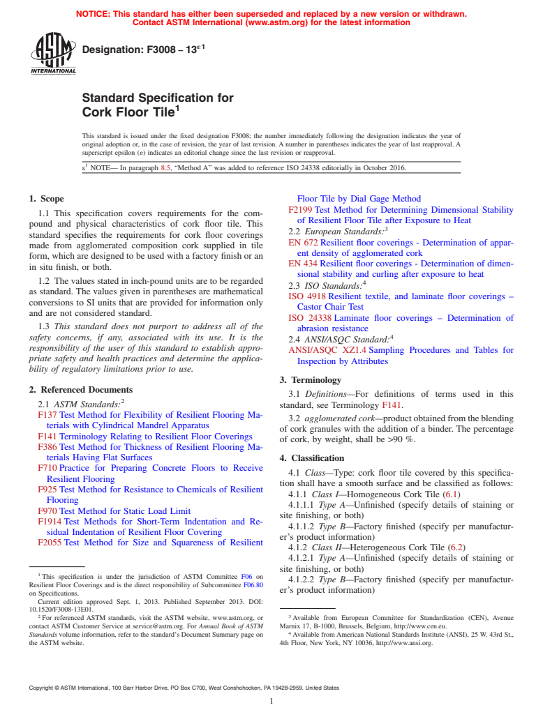 ASTM F3008-13e1 - Standard Specification for Cork Floor Tile