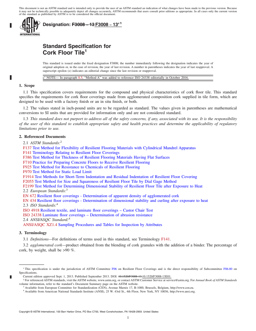 REDLINE ASTM F3008-13e1 - Standard Specification for Cork Floor Tile