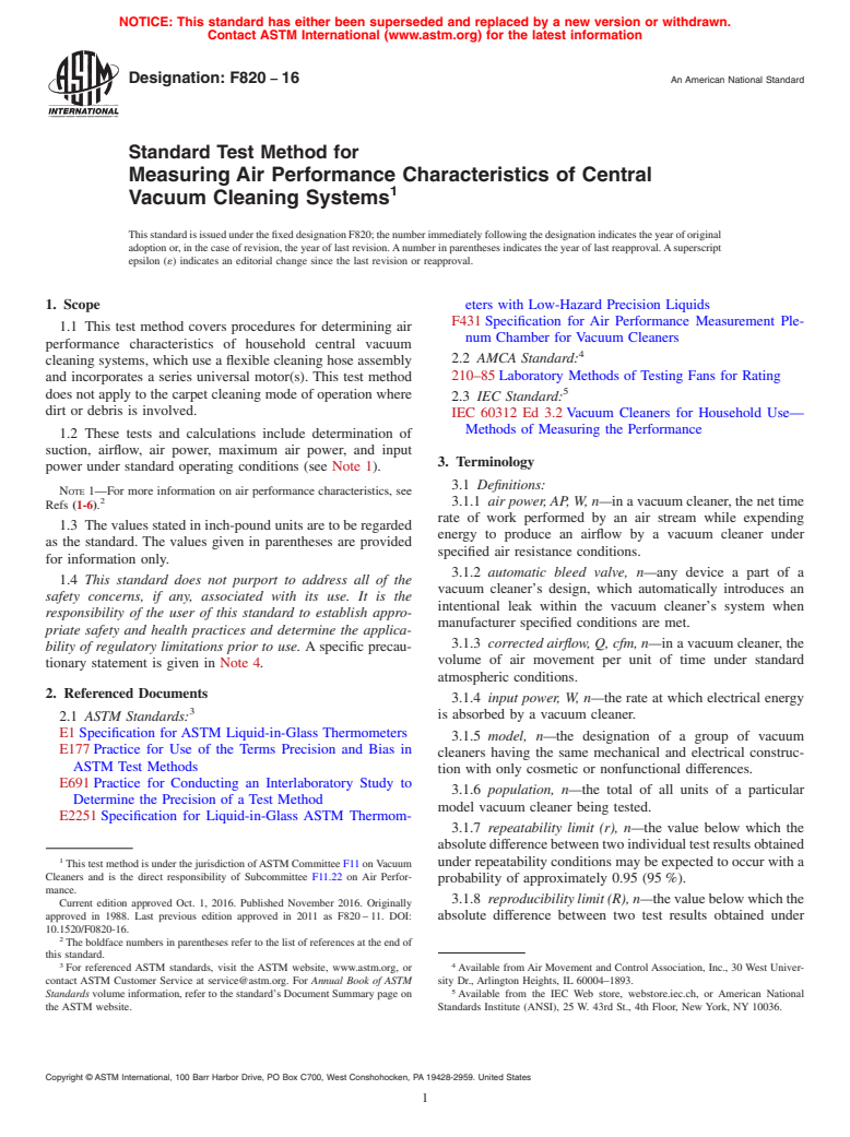 ASTM F820-16 - Standard Test Method for  Measuring Air Performance Characteristics of Central Vacuum  Cleaning Systems