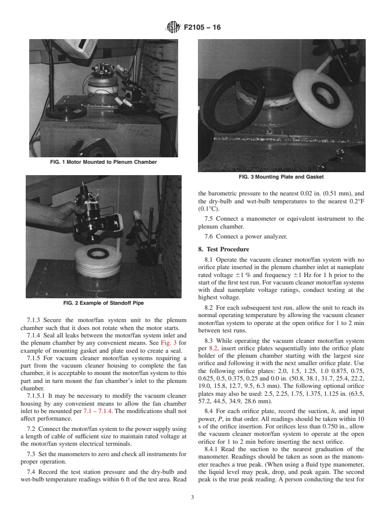 ASTM F2105-16 - Standard Test Method for  Measuring Air Performance Characteristics of Vacuum Cleaner  Motor/Fan Systems