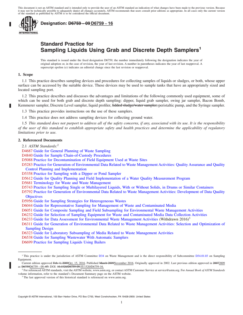 REDLINE ASTM D6759-16 - Standard Practice for  Sampling Liquids Using Grab and Discrete Depth Samplers