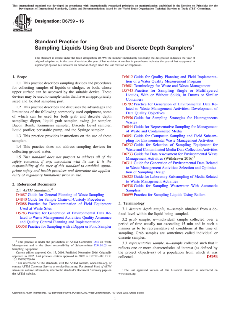 ASTM D6759-16 - Standard Practice for  Sampling Liquids Using Grab and Discrete Depth Samplers