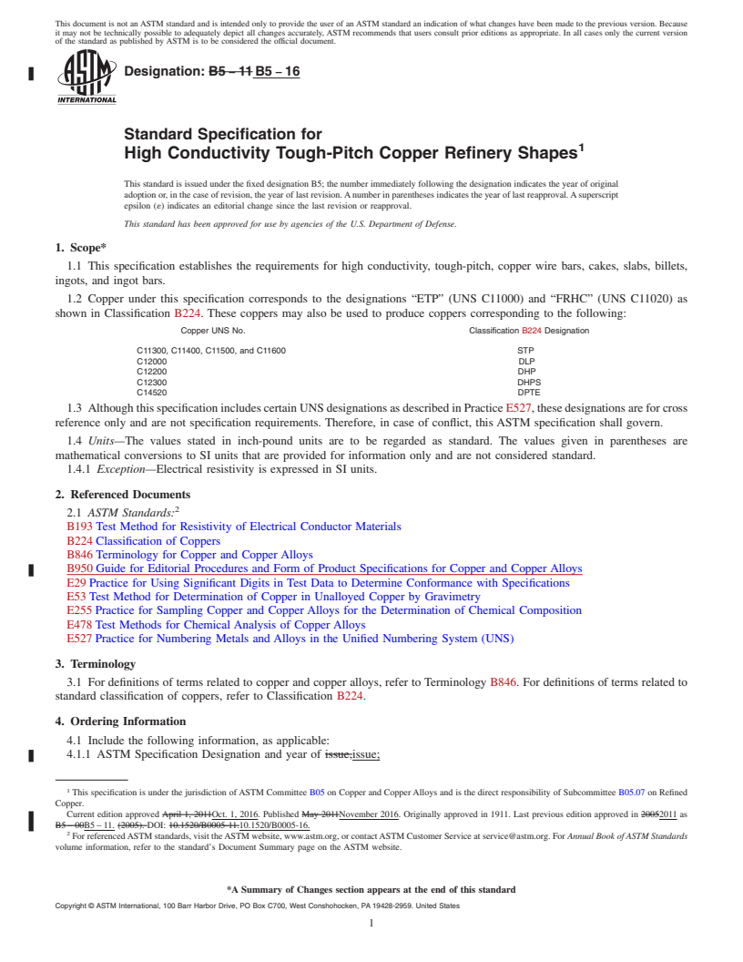 REDLINE ASTM B5-16 - Standard Specification for High Conductivity Tough-Pitch Copper Refinery Shapes