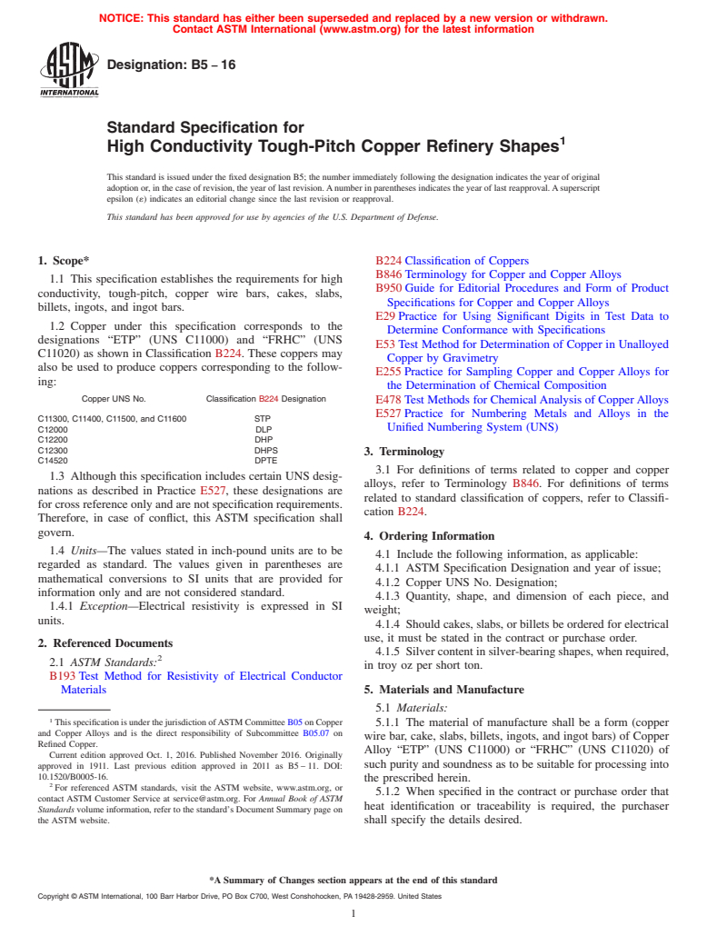 ASTM B5-16 - Standard Specification for High Conductivity Tough-Pitch Copper Refinery Shapes