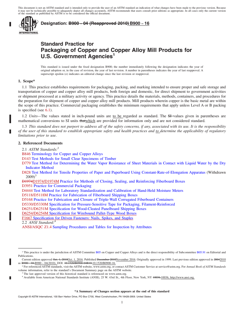 REDLINE ASTM B900-16 - Standard Practice for Packaging of Copper and Copper Alloy Mill Products for U.S.  Government Agencies