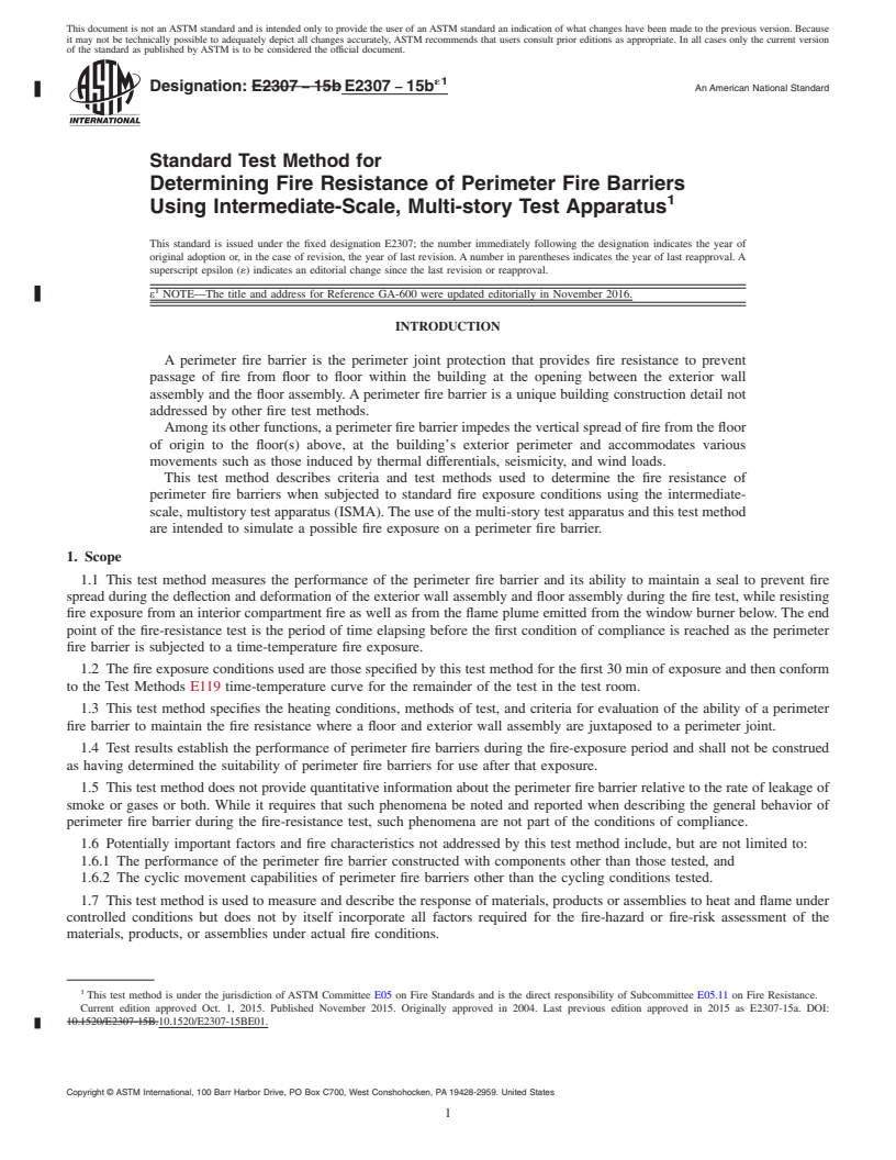REDLINE ASTM E2307-15be1 - Standard Test Method for  Determining Fire Resistance of Perimeter Fire Barriers Using  Intermediate-Scale, Multi-story Test Apparatus