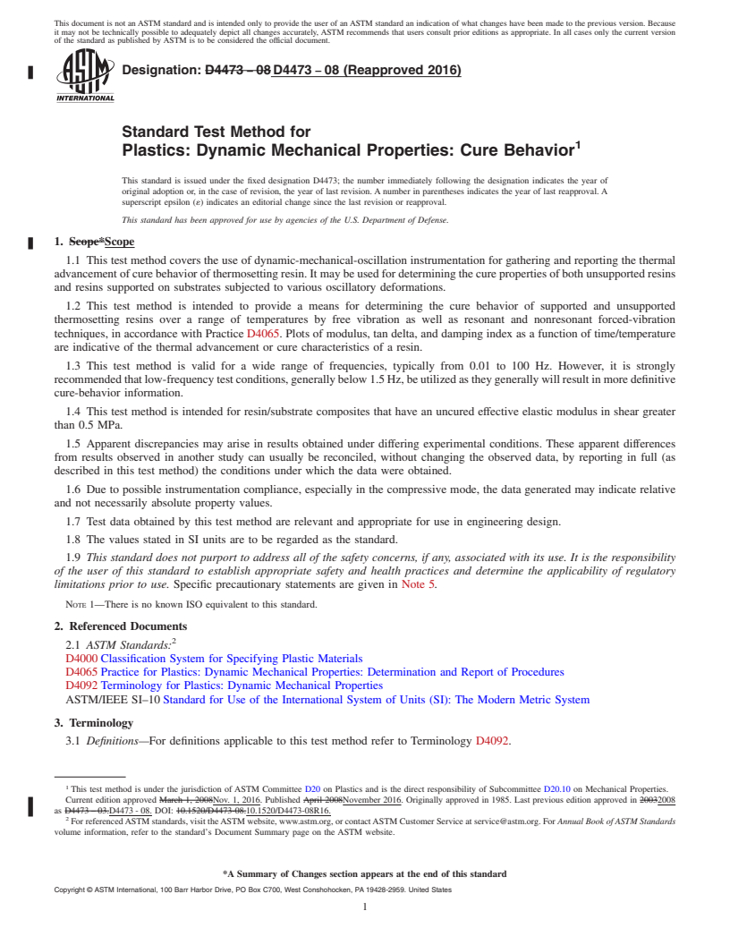 REDLINE ASTM D4473-08(2016) - Standard Test Method for  Plastics: Dynamic Mechanical Properties: Cure Behavior