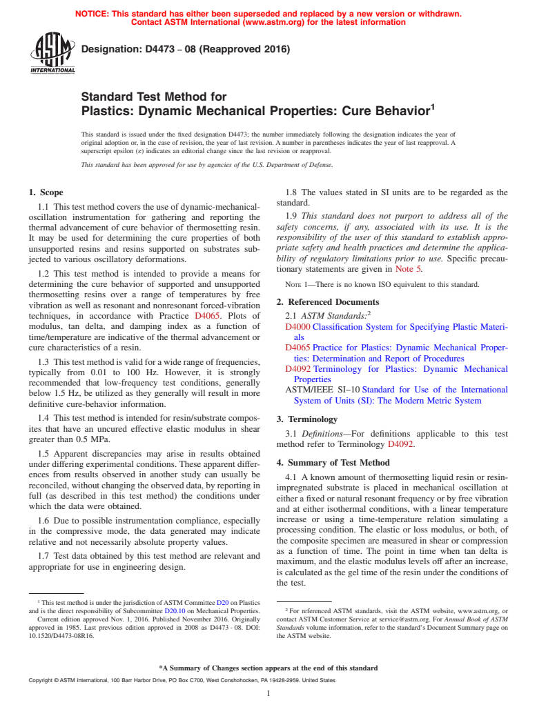 ASTM D4473-08(2016) - Standard Test Method for  Plastics: Dynamic Mechanical Properties: Cure Behavior