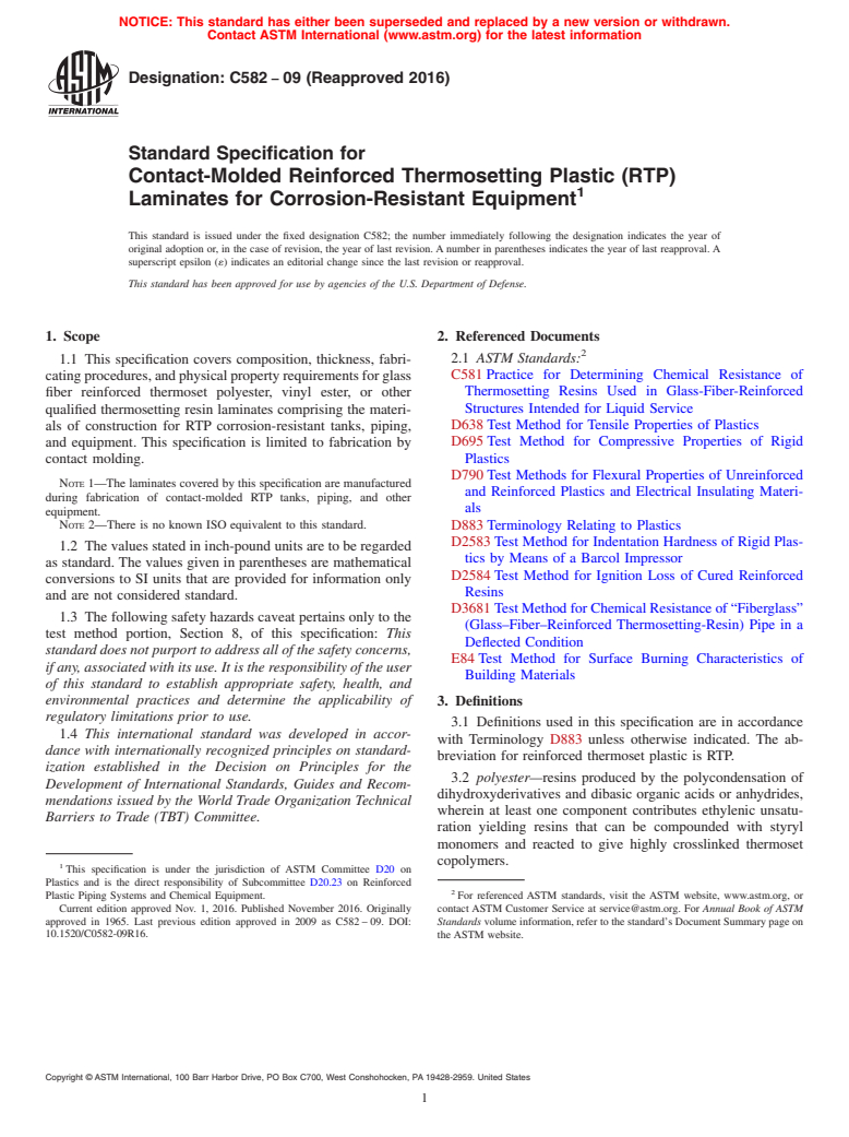 ASTM C582-09(2016) - Standard Specification for  Contact-Molded Reinforced Thermosetting Plastic (RTP) Laminates  for Corrosion-Resistant Equipment