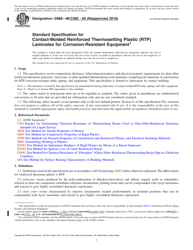 REDLINE ASTM C582-09(2016) - Standard Specification for  Contact-Molded Reinforced Thermosetting Plastic (RTP) Laminates  for Corrosion-Resistant Equipment