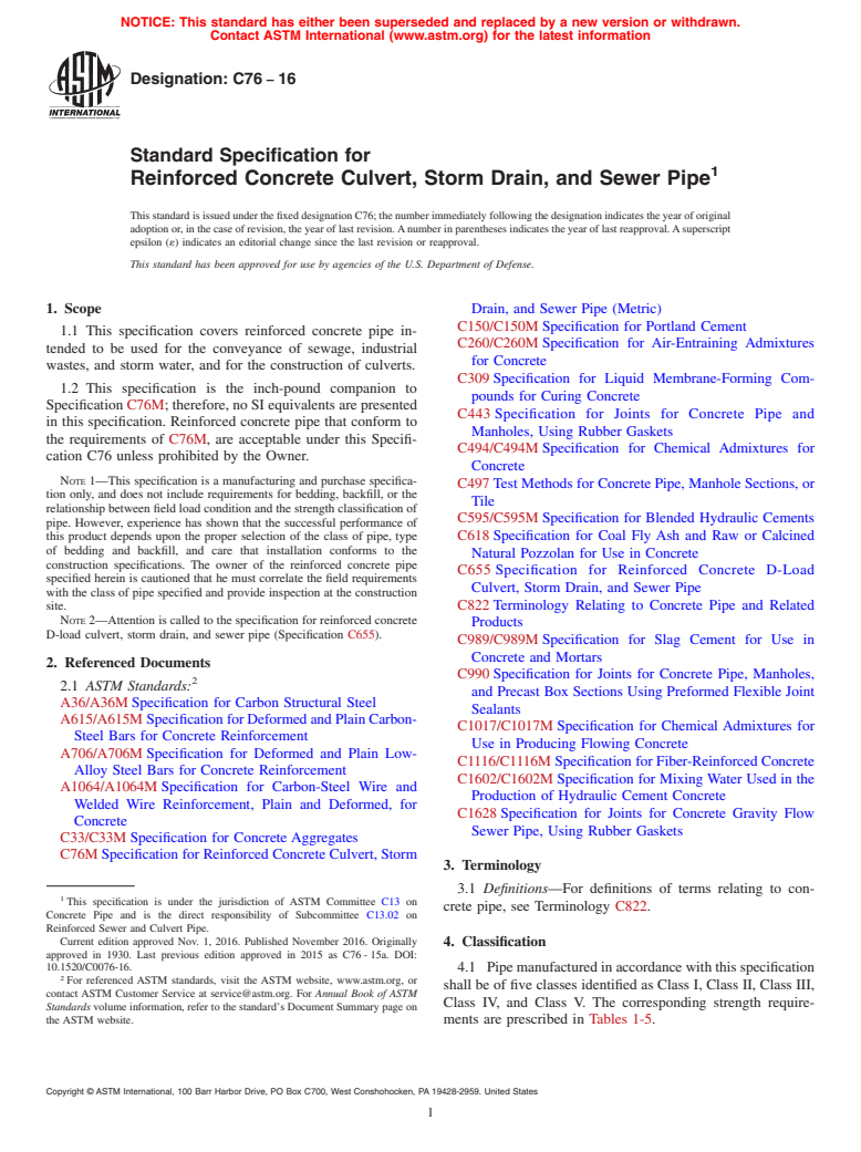 ASTM C76-16 - Standard Specification for Reinforced Concrete Culvert, Storm Drain, and Sewer Pipe