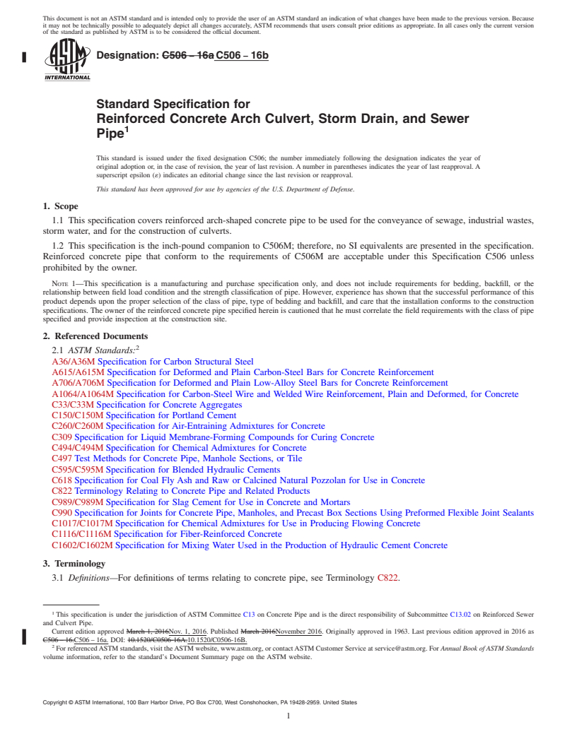 REDLINE ASTM C506-16b - Standard Specification for  Reinforced Concrete Arch Culvert, Storm Drain, and Sewer Pipe