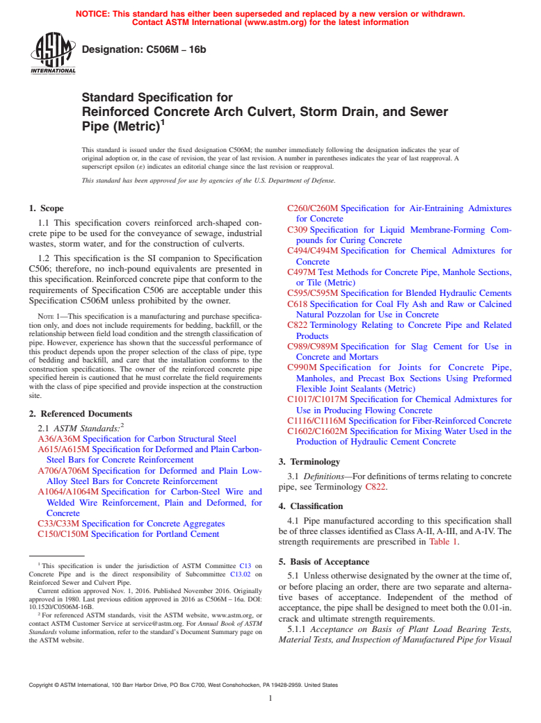 ASTM C506M-16b - Standard Specification for Reinforced Concrete Arch Culvert, Storm Drain, and Sewer Pipe  (Metric)