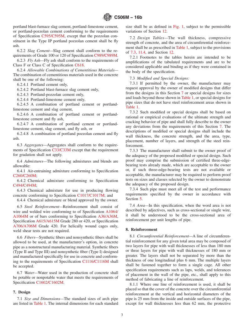 ASTM C506M-16b - Standard Specification for Reinforced Concrete Arch Culvert, Storm Drain, and Sewer Pipe  (Metric)