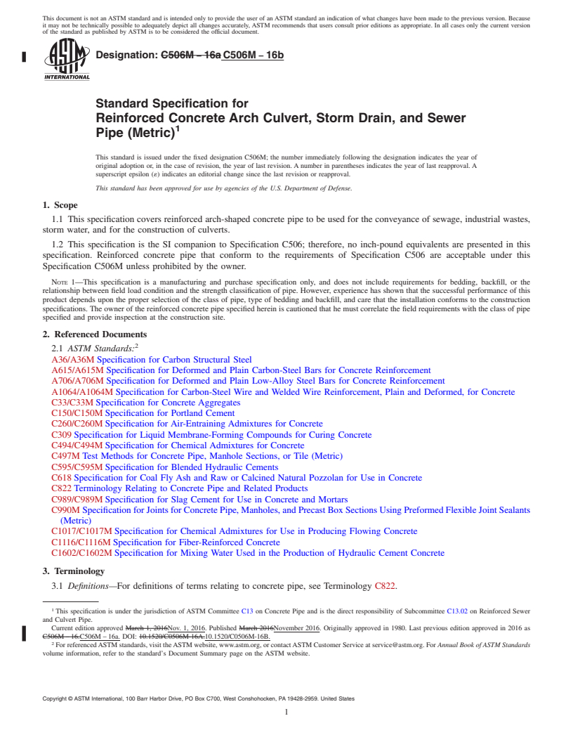 REDLINE ASTM C506M-16b - Standard Specification for Reinforced Concrete Arch Culvert, Storm Drain, and Sewer Pipe  (Metric)