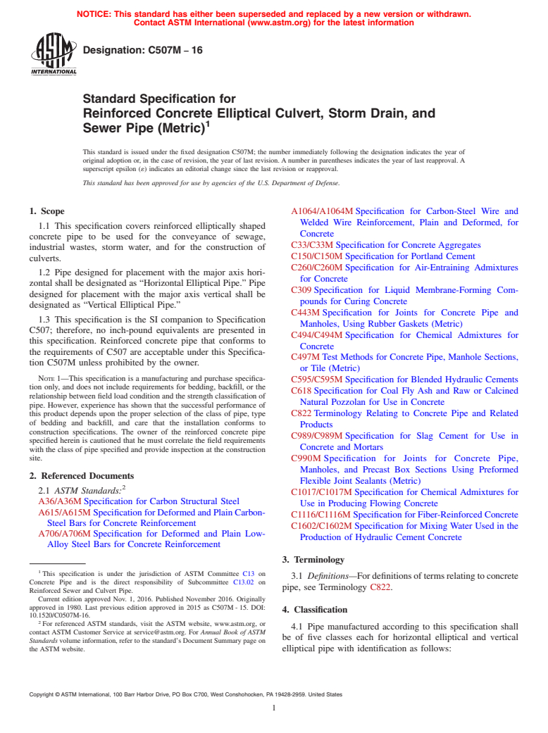 ASTM C507M-16 - Standard Specification for Reinforced Concrete Elliptical Culvert, Storm Drain, and Sewer  Pipe (Metric)