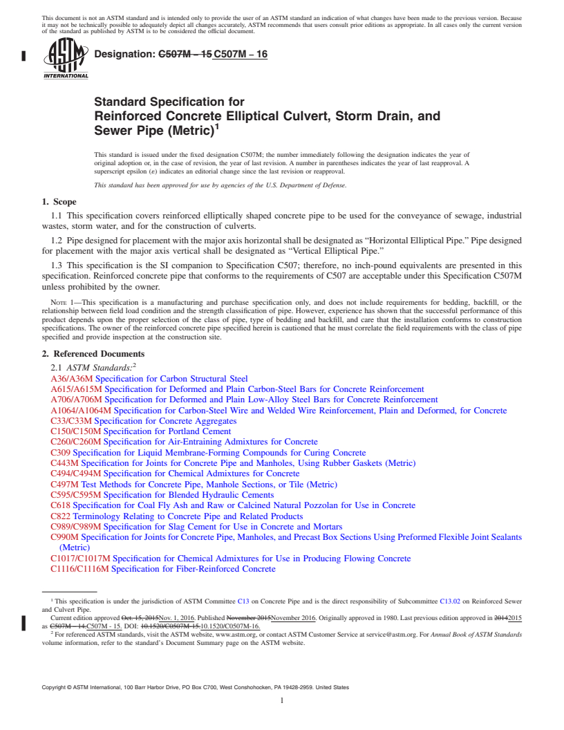 REDLINE ASTM C507M-16 - Standard Specification for Reinforced Concrete Elliptical Culvert, Storm Drain, and Sewer  Pipe (Metric)