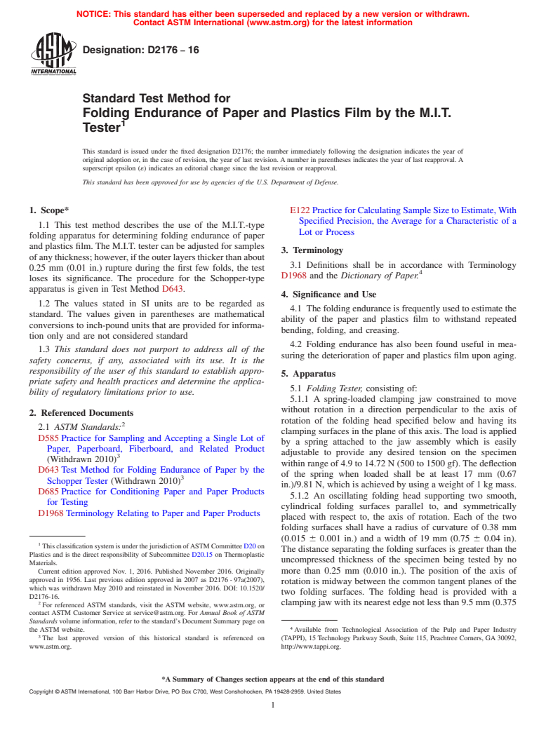 ASTM D2176-16 - Standard Test Method for Folding Endurance of Paper and Plastics Film by the M.I.T.  Tester