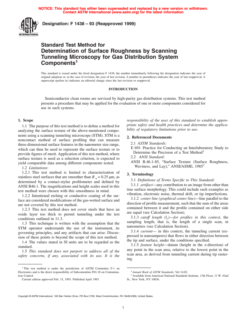 ASTM F1438-93(1999) - Standard Test Method for Determination of Surface Roughness by Scanning Tunneling Microscopy for Gas Distribution System Components