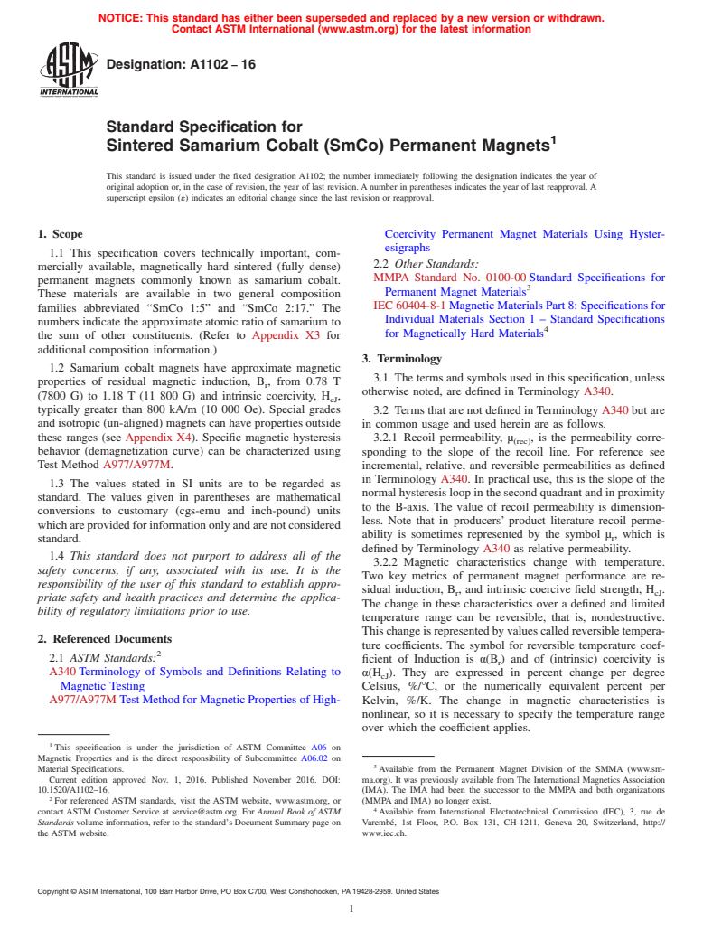 ASTM A1102-16 - Standard Specification for Sintered Samarium Cobalt (SmCo) Permanent Magnets