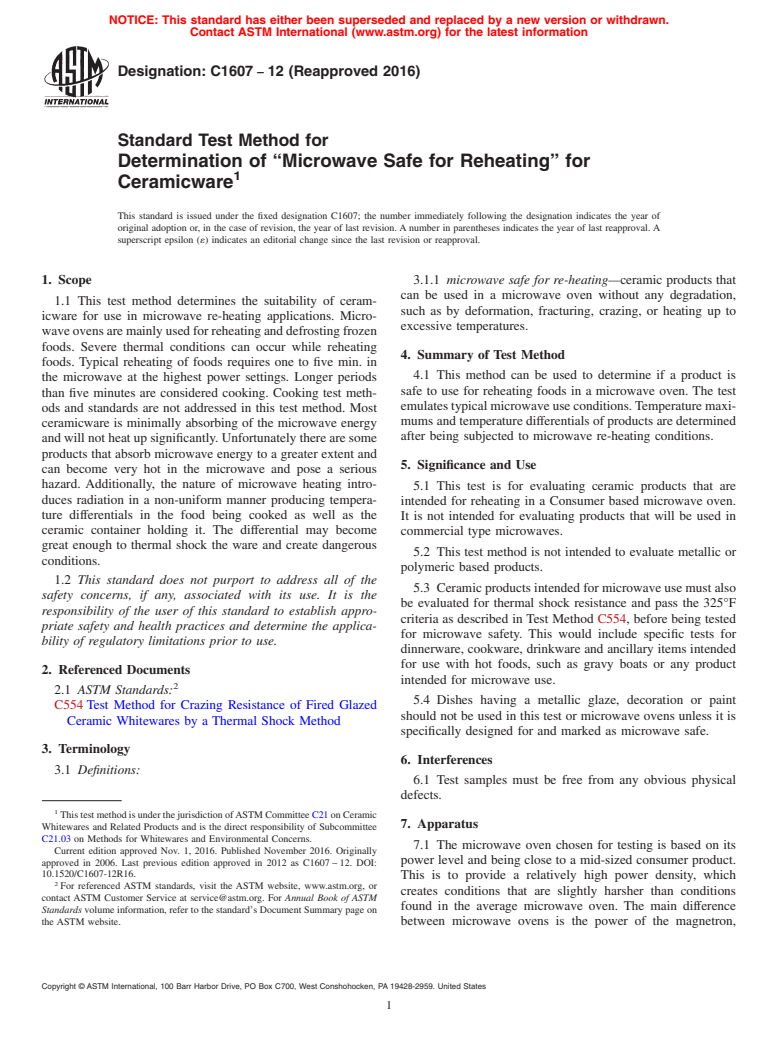 ASTM C1607-12(2016) - Standard Test Method for  Determination of &#x201c;Microwave Safe for Reheating&#x201d;   for Ceramicware