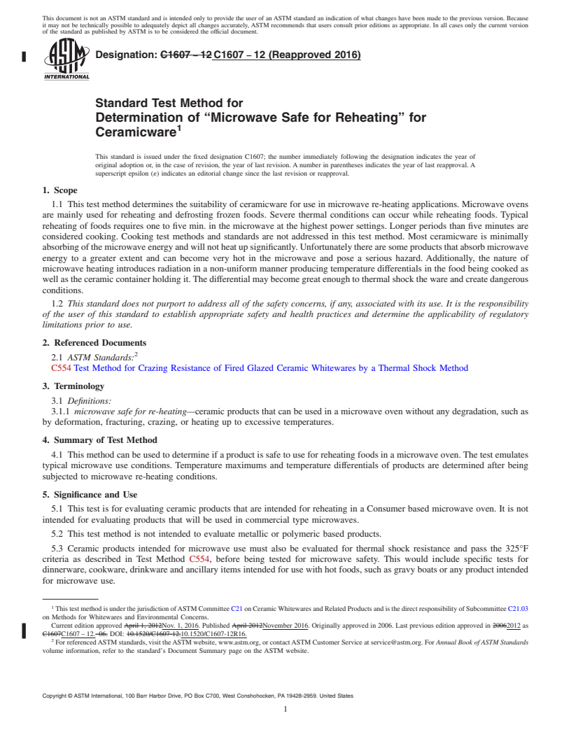 REDLINE ASTM C1607-12(2016) - Standard Test Method for  Determination of &#x201c;Microwave Safe for Reheating&#x201d;   for Ceramicware