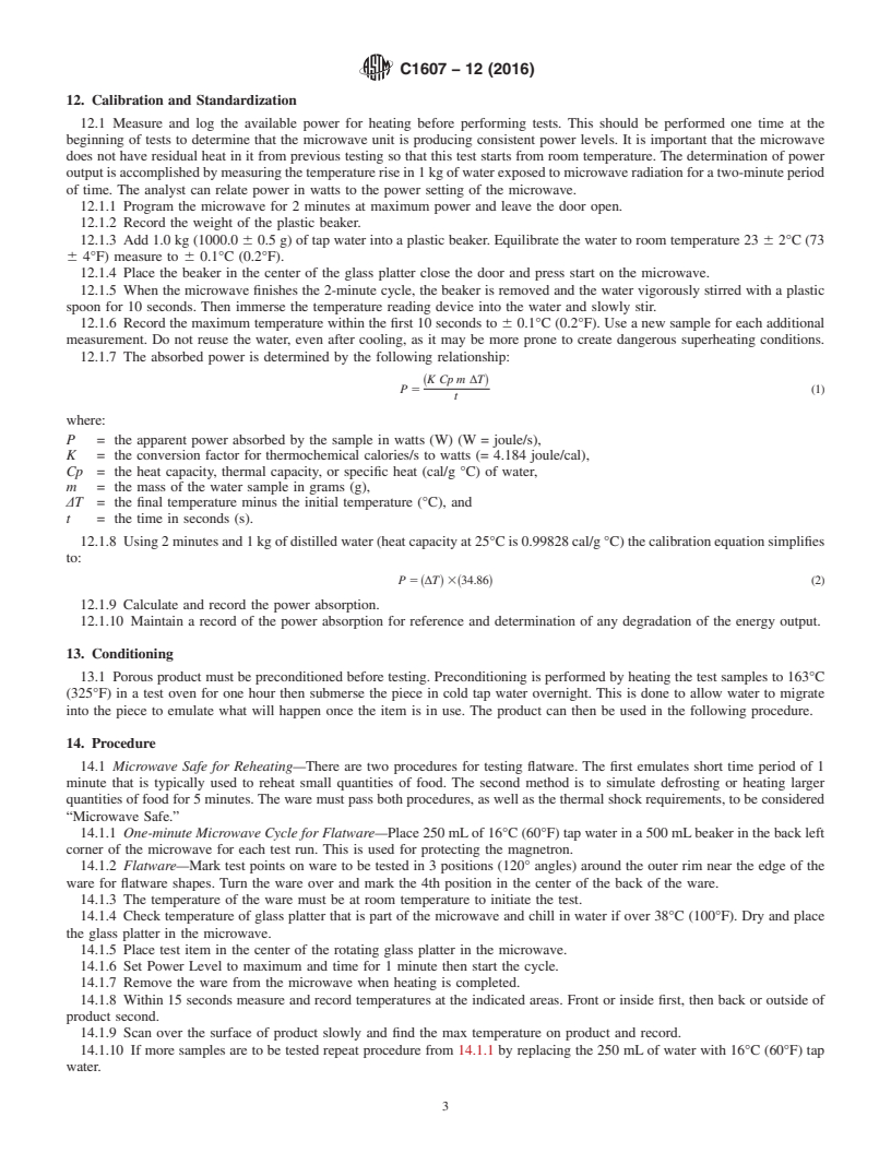 REDLINE ASTM C1607-12(2016) - Standard Test Method for  Determination of &#x201c;Microwave Safe for Reheating&#x201d;   for Ceramicware