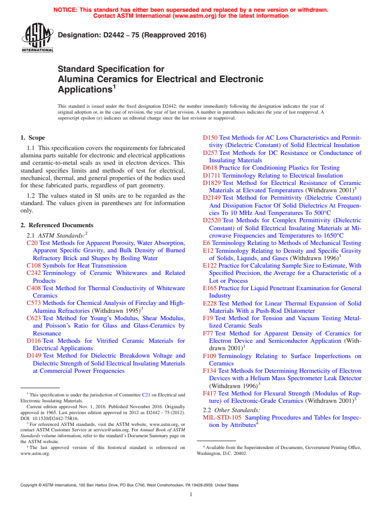 ASTM D2442-75(2016) - Standard Specification for  Alumina Ceramics for Electrical and Electronic Applications