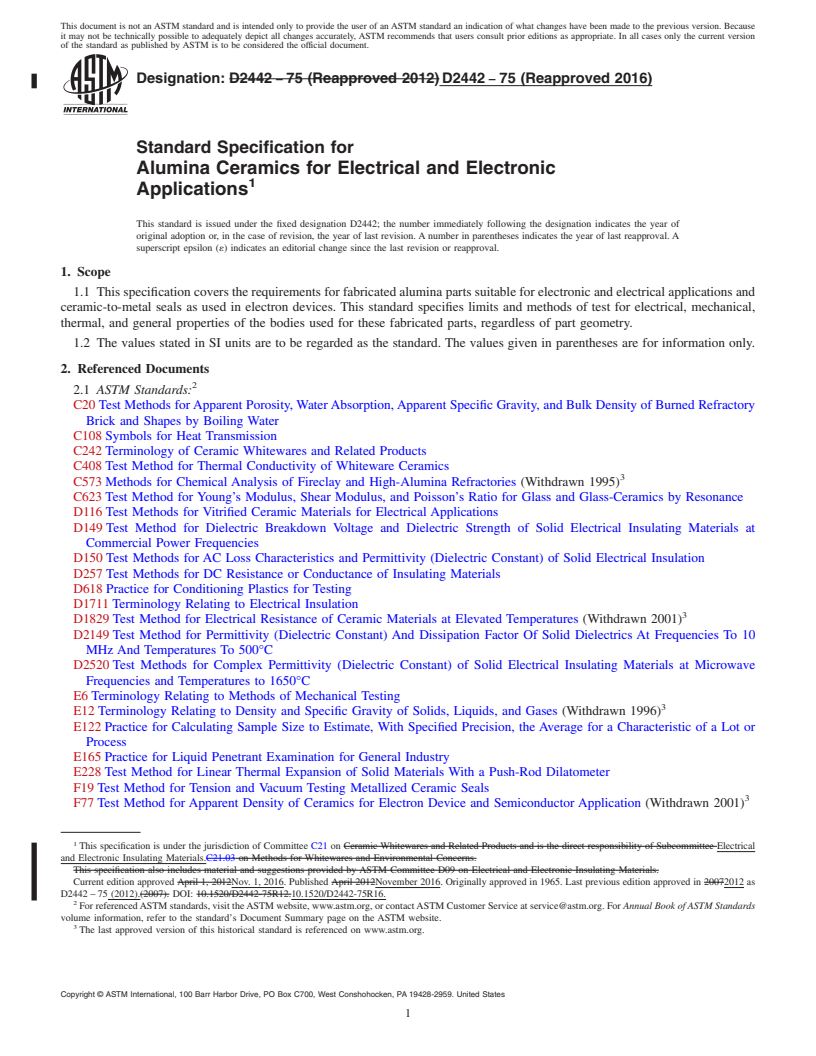 REDLINE ASTM D2442-75(2016) - Standard Specification for  Alumina Ceramics for Electrical and Electronic Applications