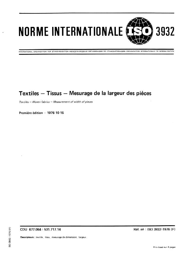 ISO 3932:1976 - Textiles -- Tissus -- Mesurage de la largeur des pieces