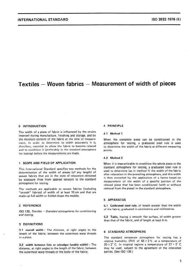 ISO 3932:1976 - Textiles -- Woven fabrics -- Measurement of width of pieces