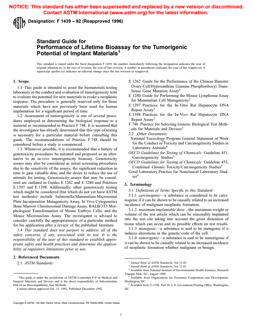 ASTM F1439-92(1996) - Standard Guide for Performance of Lifetime Bioassay for the Tumorigenic Potential of Implant Materials