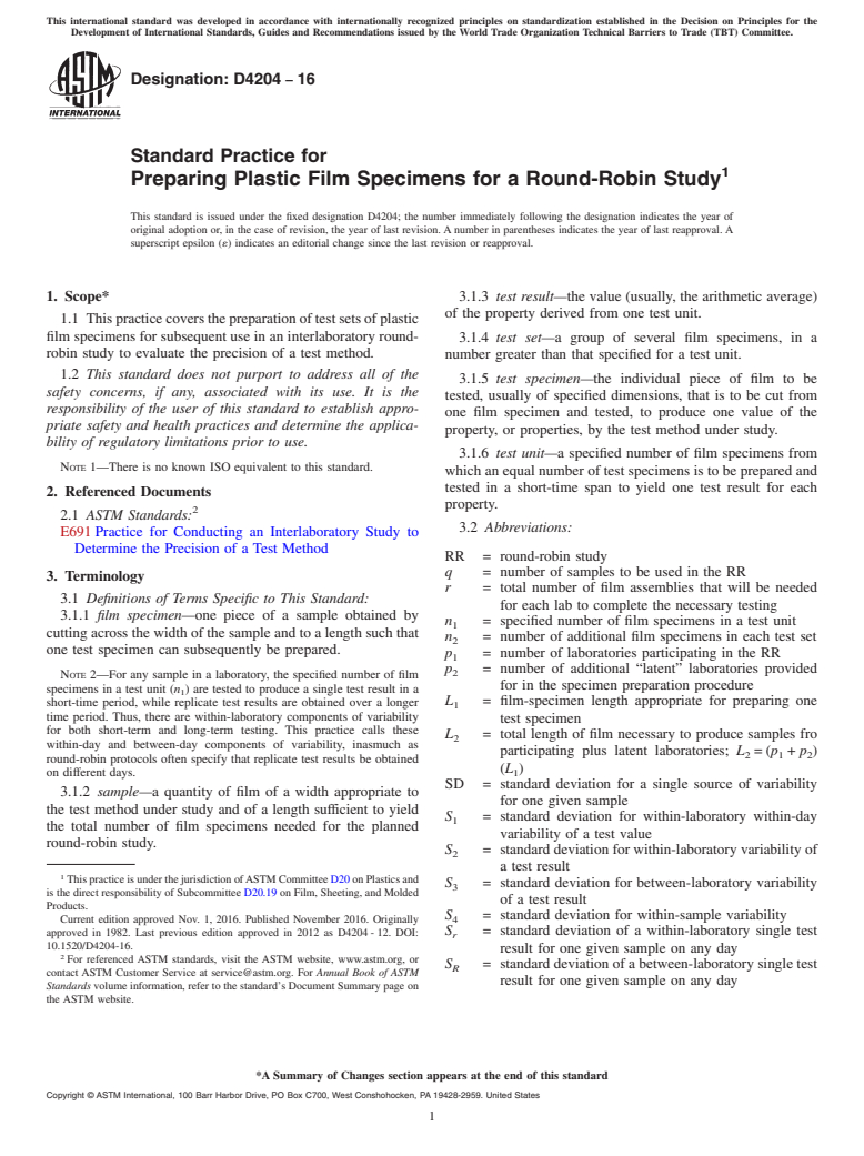 ASTM D4204-16 - Standard Practice for  Preparing Plastic Film Specimens for a Round-Robin Study