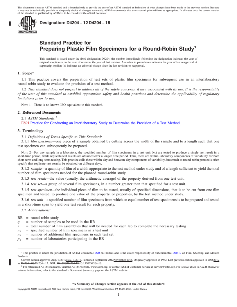 REDLINE ASTM D4204-16 - Standard Practice for  Preparing Plastic Film Specimens for a Round-Robin Study