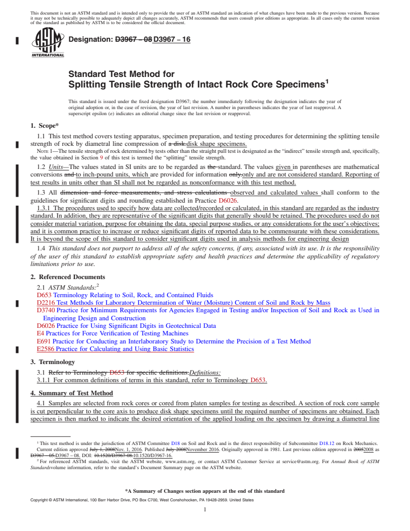 REDLINE ASTM D3967-16 - Standard Test Method for  Splitting Tensile Strength of Intact Rock Core Specimens