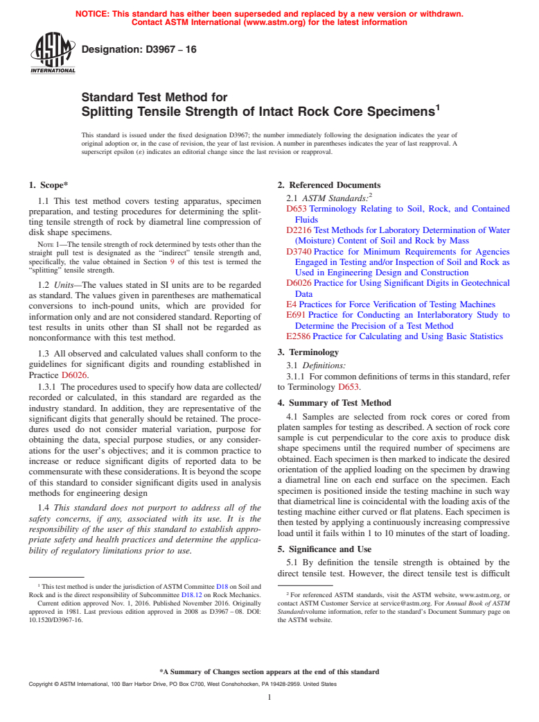 ASTM D3967-16 - Standard Test Method for  Splitting Tensile Strength of Intact Rock Core Specimens