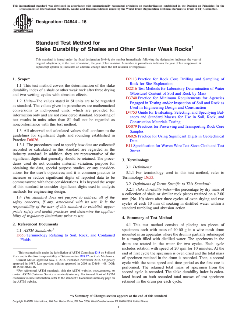 ASTM D4644-16 - Standard Test Method for Slake Durability of Shales and Other Similar Weak Rocks