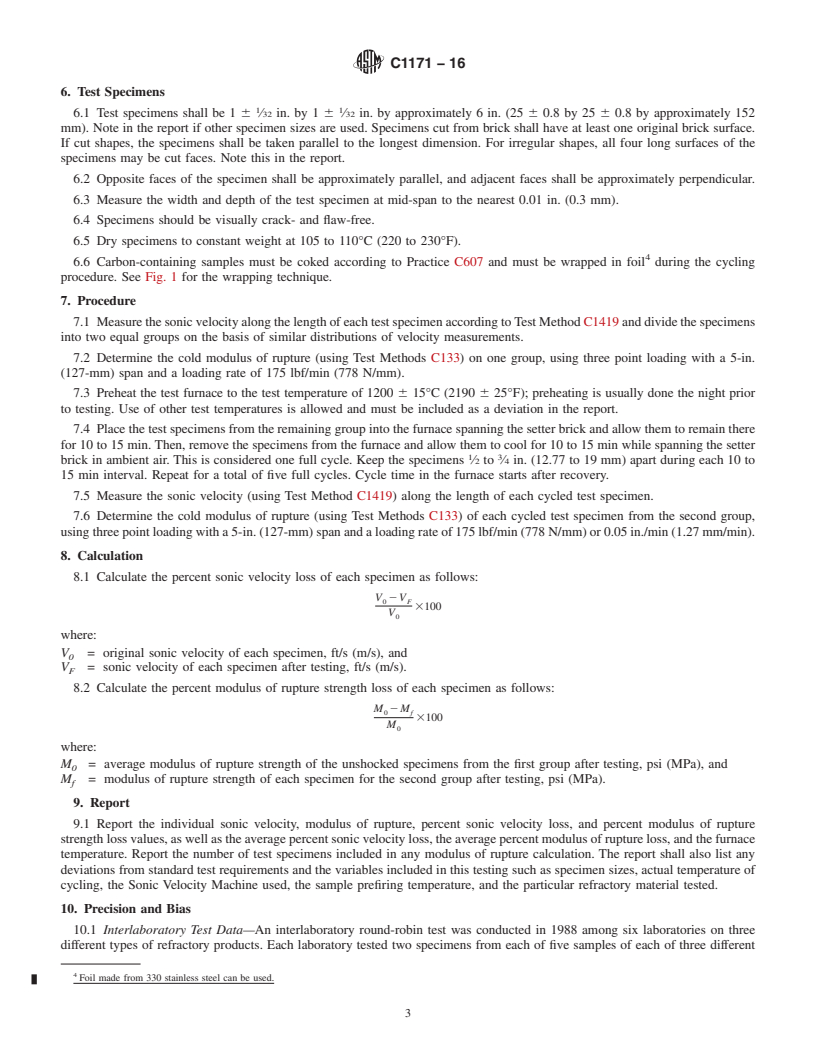 REDLINE ASTM C1171-16 - Standard Test Method for Quantitatively Measuring the Effect of Thermal Shock and Thermal   Cycling on Refractories