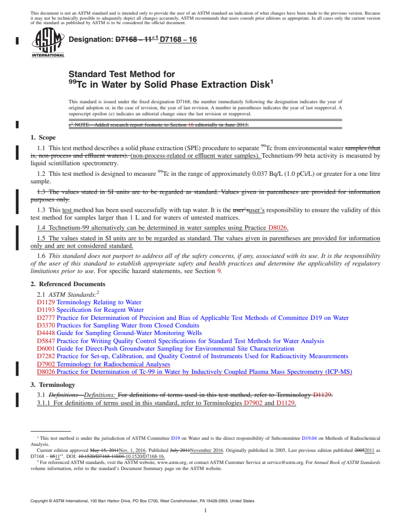 REDLINE ASTM D7168-16 - Standard Test Method for  <sup>99</sup>Tc in Water by Solid Phase Extraction Disk