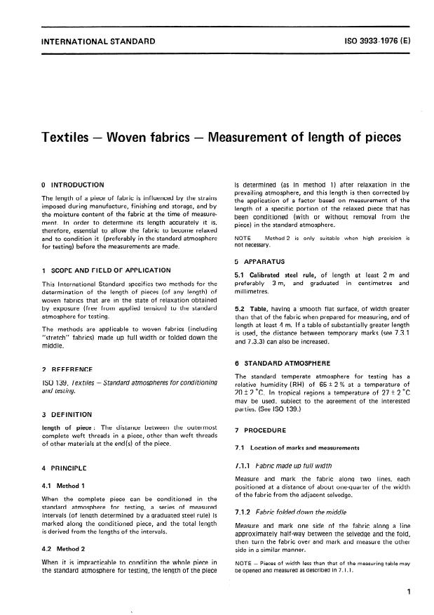 ISO 3933:1976 - Textiles -- Woven fabrics -- Measurement of length of pieces