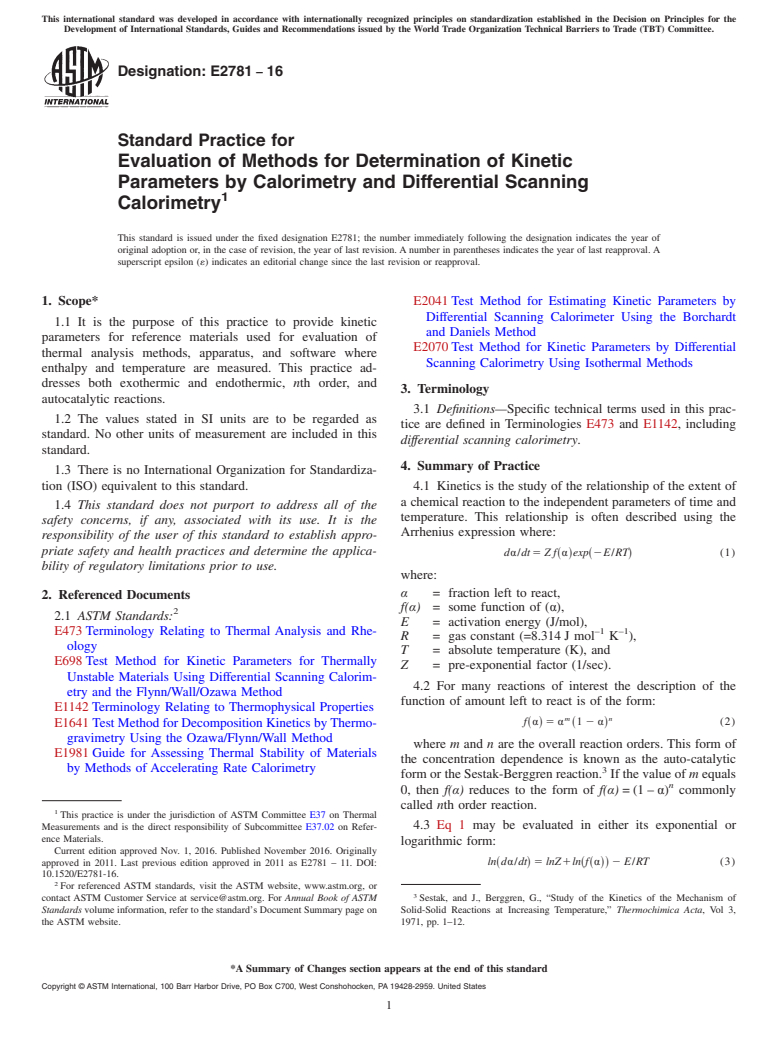 ASTM E2781-16 - Standard Practice for  Evaluation of Methods for Determination of Kinetic Parameters  by Calorimetry and Differential Scanning Calorimetry